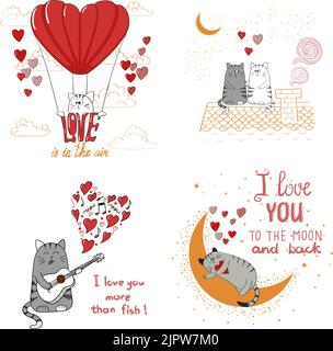 Niedliche Katzen in der Liebe. Set von lustigen Cartoon-Katzen auf weißem Hintergrund isoliert. Romantische Vektor-Illustrationen für Geburtstagskarten, Einladungen, Valentine`s Stock Vektor